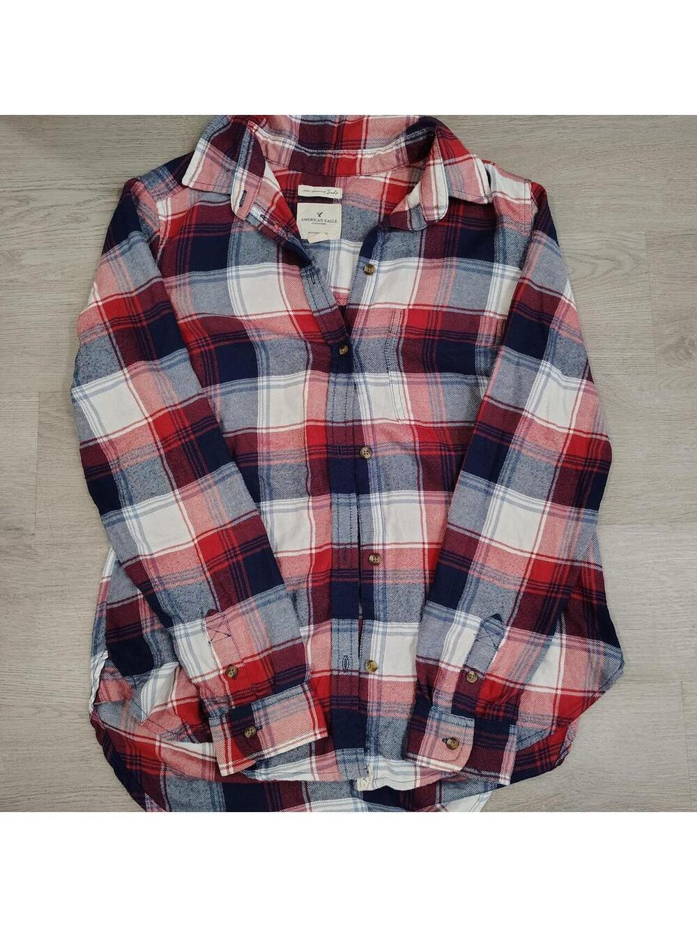 Red and white plaid American Eagle flannel shirt